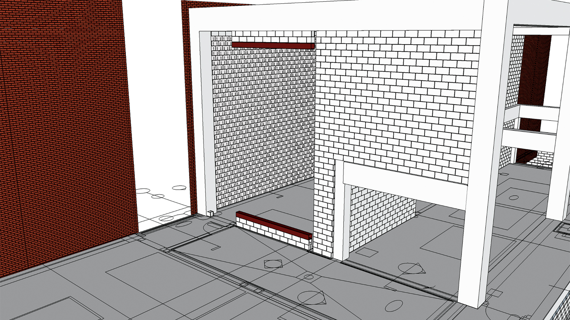 Waukesha Memorial Hospital 3D model showing acoustic CMU and regular CMU interface with concrete structure showing bond and layout.