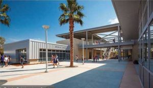 Montgomery Middle School makes use of glacier white and burnished warm gray concrete masonry units (CMUs)